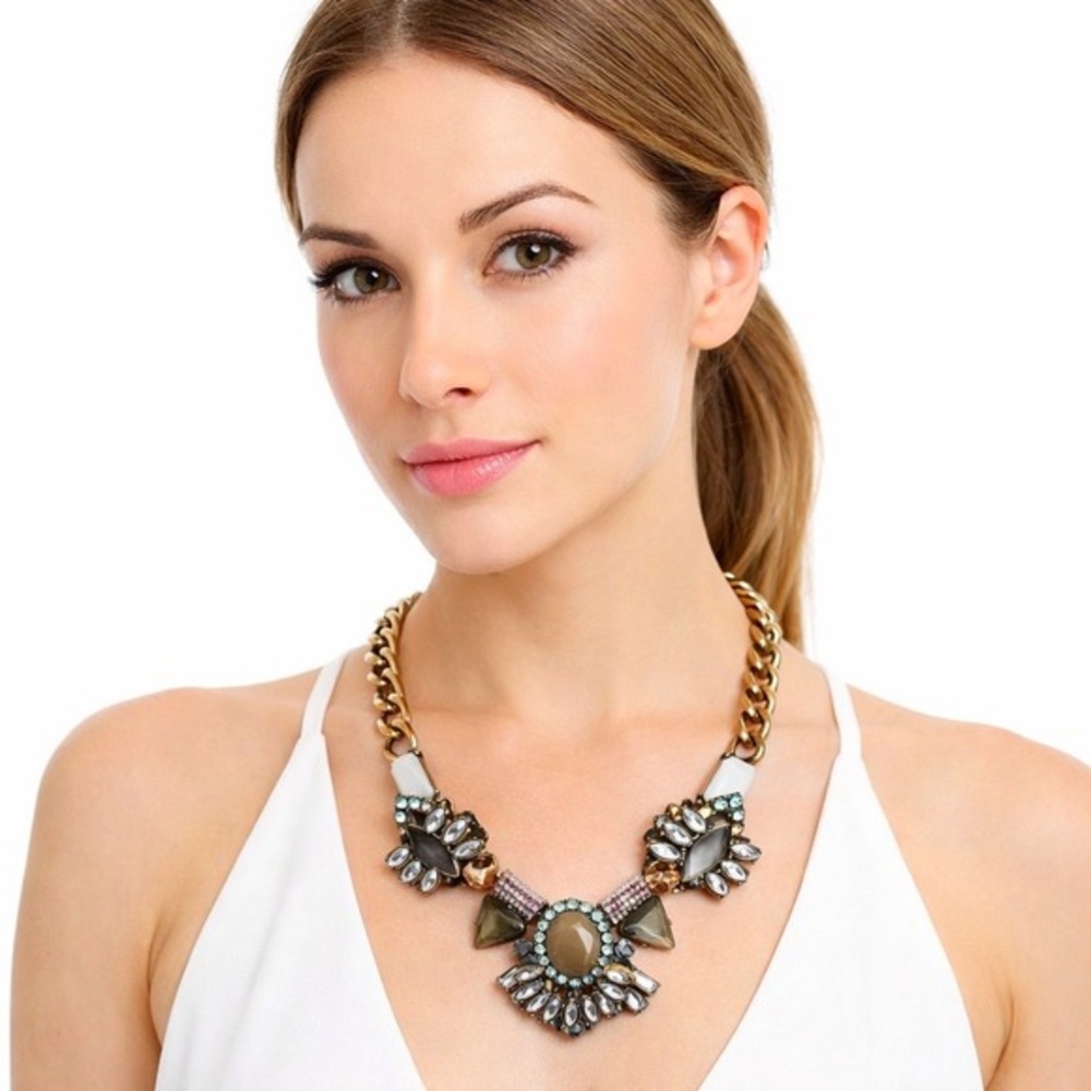 Bib Necklace Multi Color Crystal Antique Brass Tone Chunky‎ Curb Chain Chic J-01